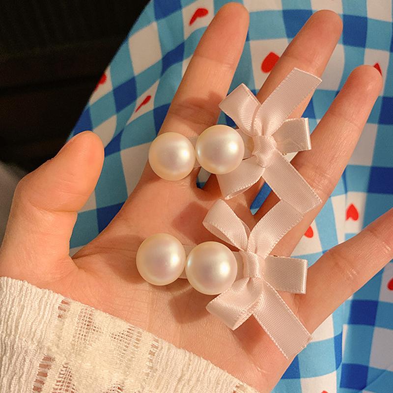 2Pcs Korean Style Exquisite Pink Bow Pearl Hairpins  Temperament Duckbill Clip Bangs Clip For Women Girl Elegant Headwear