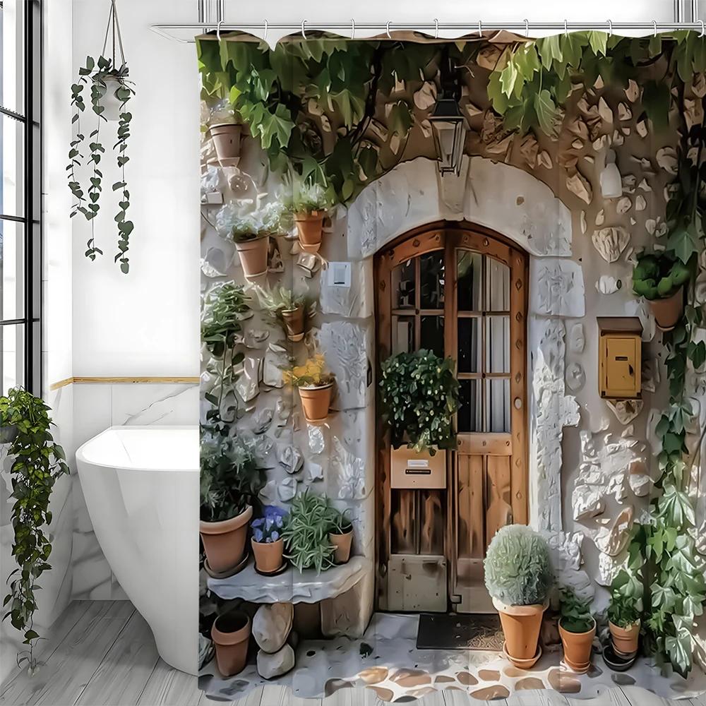 Vintage Garden Wooden Door Potting Stone Wall European Street Shower Curtain, Bathroom Decorative Shower Curtain, Waterproof Sho