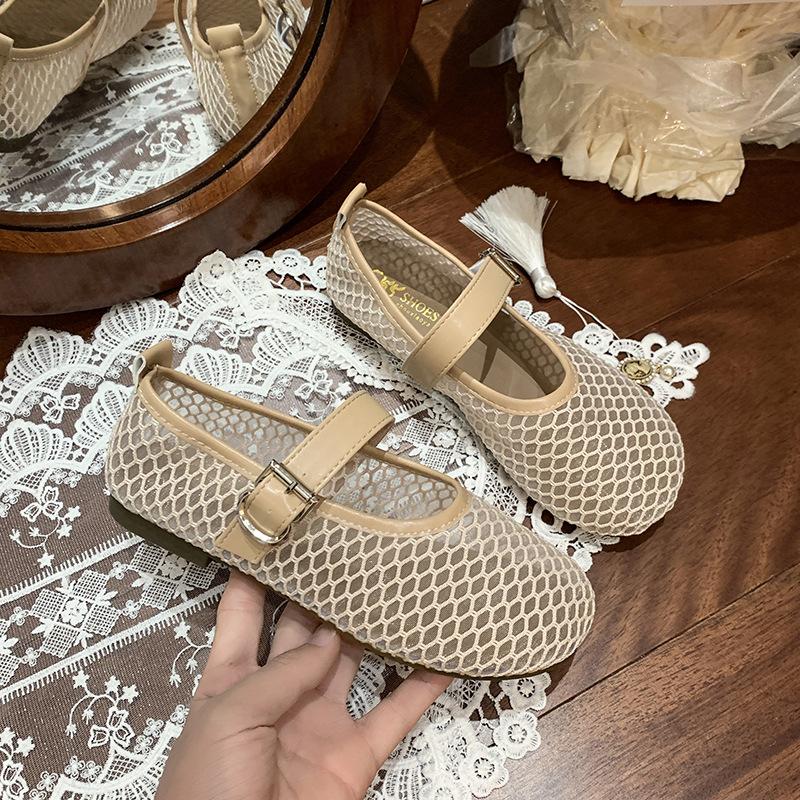 Lazy Wind Inner Height Increase Hollow Breathable Bag Head Half Slippers Women Summer Wear a Pedal Mary Jane Flat Bottom Fishing Net Shoes
