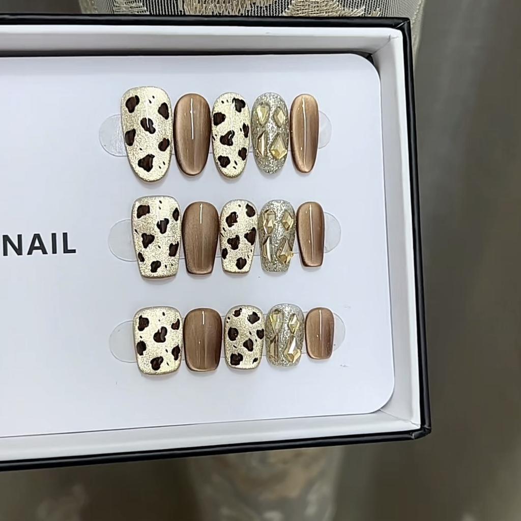 Pure Hand-made Phototherapy Wearable Nail Tablets, Black Sugar Leopard Print Wearable Nail Finished Product Reusable Nail Art