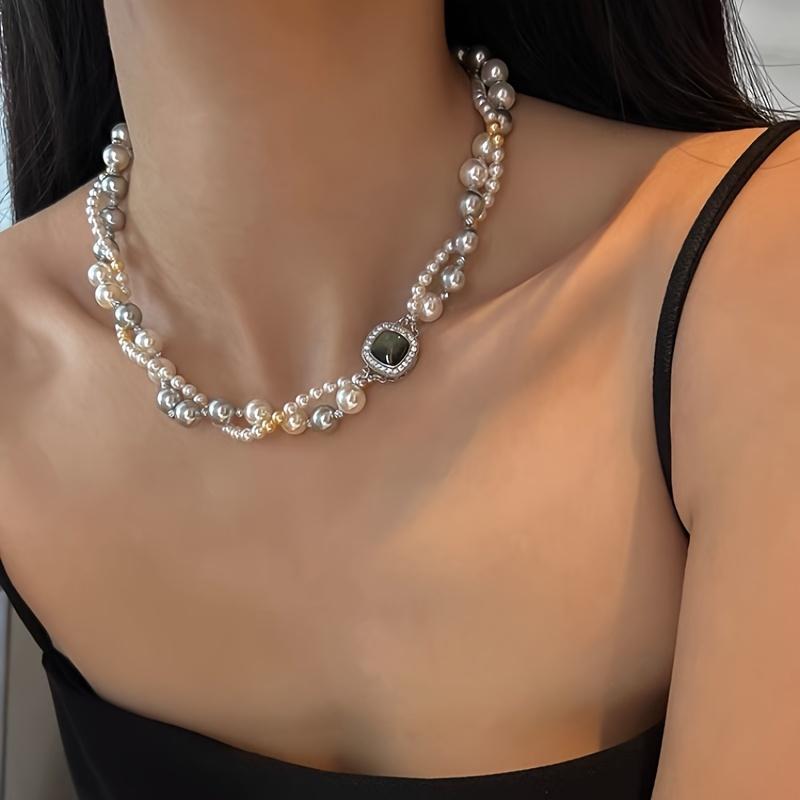 Double Layered Twisted Mixed Color Imitation Pearl Necklace, French Sweater Chain, Light Luxury Collarbone Chain, Party Gift