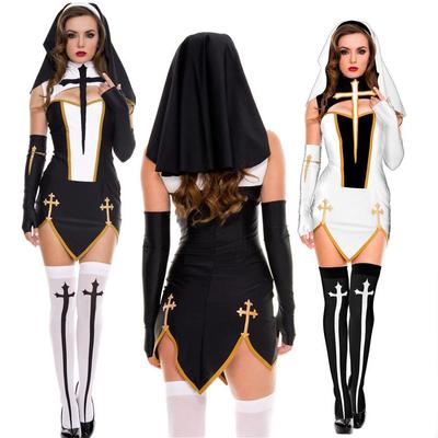 Sexy Nun Costume Adult Women White Cosplay Dress With Black Hood For Halloween Sister Cosplay Party Stocking Costume