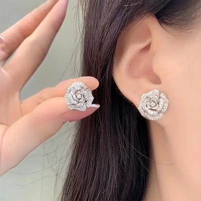 Rose Flower Shape Stud Earrings Micro Paved Zircon  Silver Plated Ear Jewelry For Women Temperament Bridal Engagement Banquet