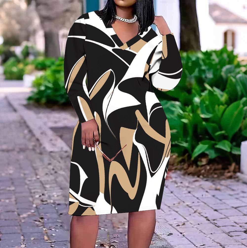 Women Plus Size V Neck Long Sleeve Printed Black White Khaki Fitted Straight Dress
