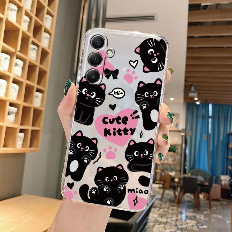 Cute Cat Cartoon Soft Transparent Silicon Case For Samsung A55 A35 M35 M34 S24 Xiaomi Redmi Note 13 Pro 13C Poco M6 Camera Shockproof Protective Cover