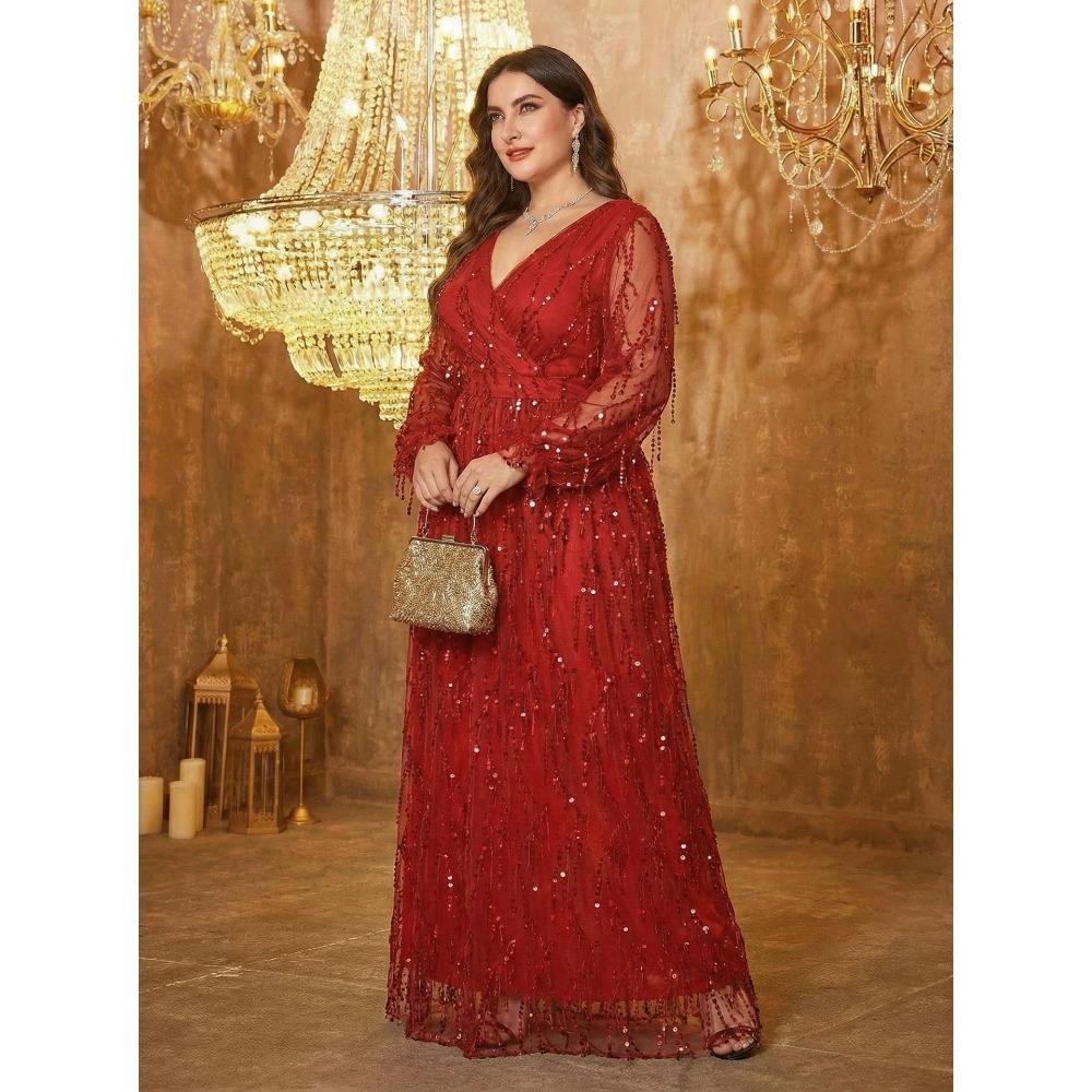 Plus Size Womens Elegant Sequined Bridesmaid Dress V-Neck Long Sleeve Slit Fitted Temperament Wedding Party Dress