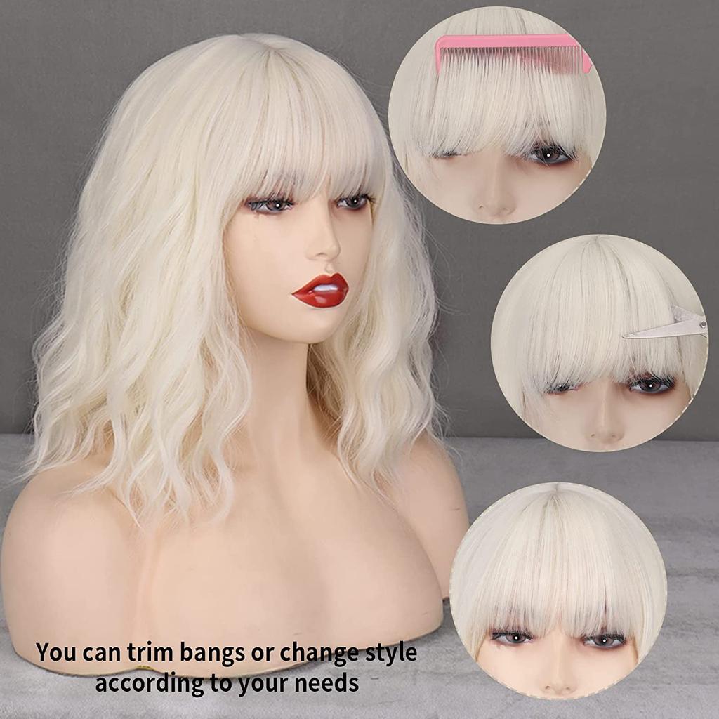 MISSQUEEN Kurze platinblonde Perücken, weißblonde, gewellte Perücke mit Pony, synthetische, mittellange, gewellte Bob-Perücke für den täglichen Gebrauch
