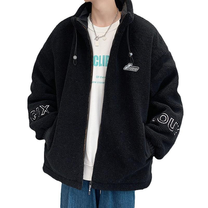 Neuer Wintermantel aus Lammsamt-Baumwolle für Herren, lockere und trendige Jacke im Hongkong-Stil, Baumwollmantel mit Stehkragen und Kordelzug für Herren