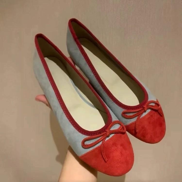 Cowhide Version~ Korean Version of Color Matching Round Head Suede Bow Flat-bottomed Mary Jane Single Shoes Women's One-pedal Ballet Shoes
