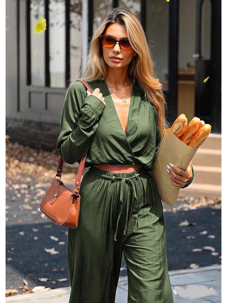 2026 Women's Solid Color Deep V-neck Top + Straight Leg Pants Two-piece Set - European and American Style, Loose Fit, Long Sleeve, Lightly Mature.