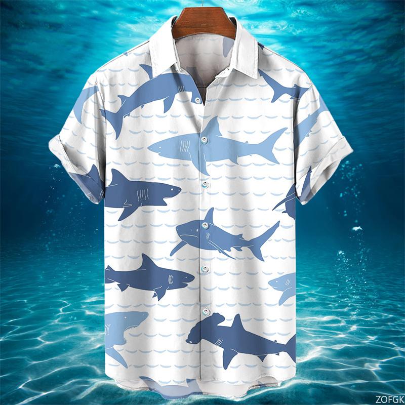 Camicia Hawaiana Uomo Estate Casual Stampa Squalo Animale 3D Moda Manica Corta Mondo Marino Larga Blusa Street Abbigliamento