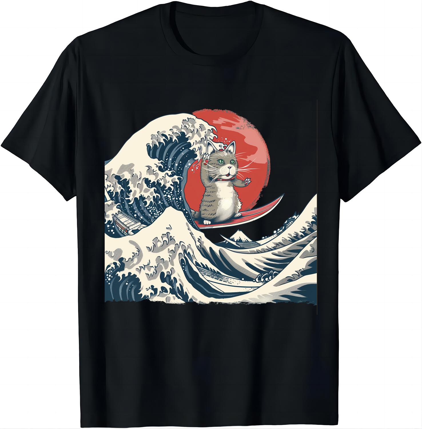 

Ocean Adventures with Japanese Cat Surfer - Unique WAVE Design Shirts Graphic T Shirts Men Clothing Tops Camisetas Streetwear 4XL
