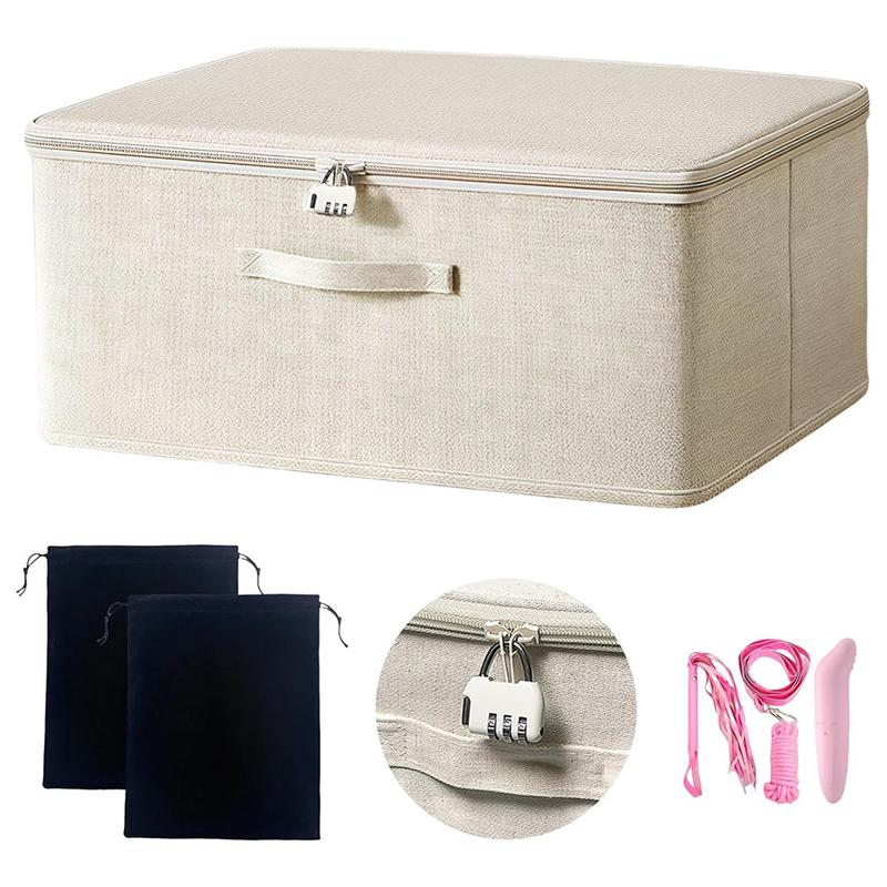 

A95I-Locking Adult Game Toy Storage Organizer Lock Box With 2 Drawstring Bags Toy Storage Bins Toys Storage Bags бежевий