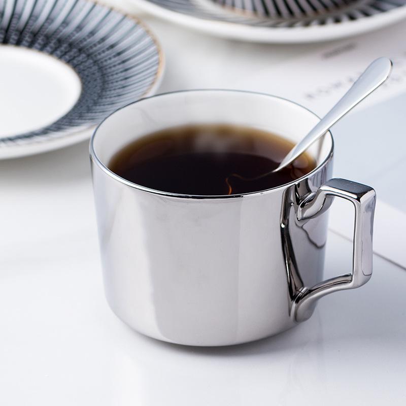 Titanium Silver Mirror Reflection Coffee Cup with Plate Logo Custom European Coffee Cup Plate Afternoon Tea Cup Set