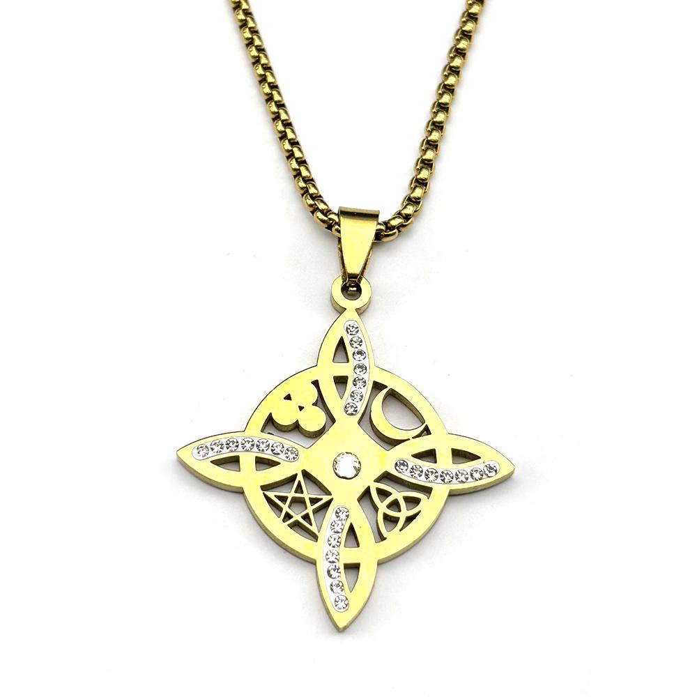 Collana Wicca Strega Nodo Celtico Pentagramma Sole Luna per Donne Uomini Acciaio Inossidabile Strass Amuleti Stregoneria Gioielli a Catena