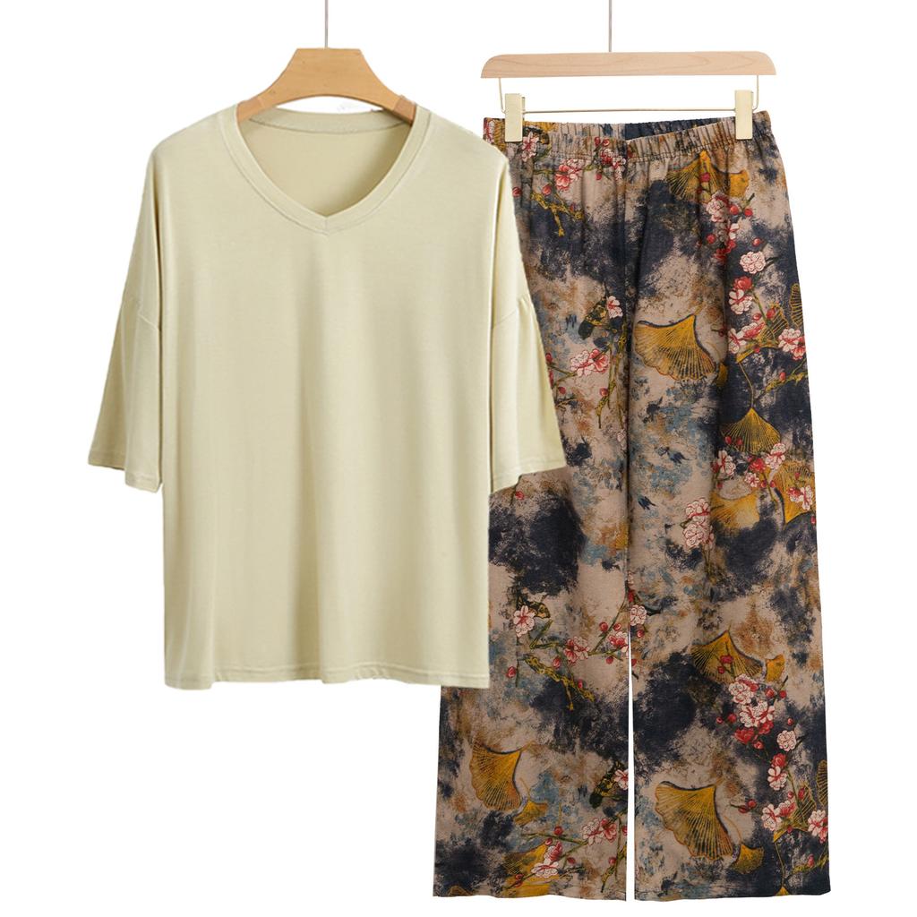 Pajamas Women's Spring and Summer New V-neck Short-sleeved Cotton and Linen Pants European and American Large-size Loungewear Two-piece Set