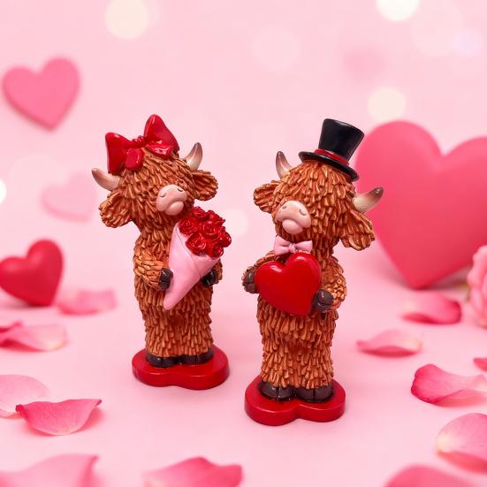 Valentine's Day Couple Highland Cow Figurine Holding Rose Love Heart Highland Cattle Resin Statue Wedding Decoration Romantic Gift