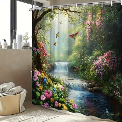 1 Stück Üppiger Waldbach Duschvorhang - Wasserfall, Vögel & Blumen, 70,8x70,8", Polyester, 12 Haken, Waschbar