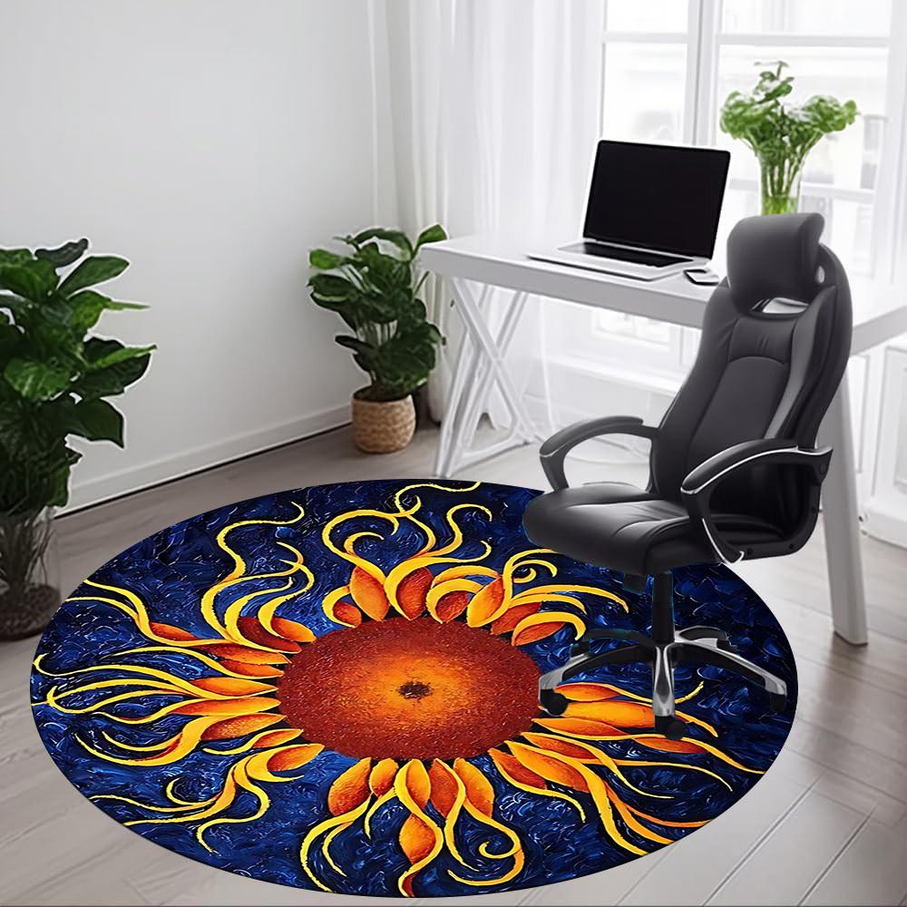 1 Stück Sonnenblumen-Kunstwerk Teppich für Büro, Rutschfest, Runder Teppich, Weich & Bequem, Teppich für Büro, Leichte Runde Bodenmatte