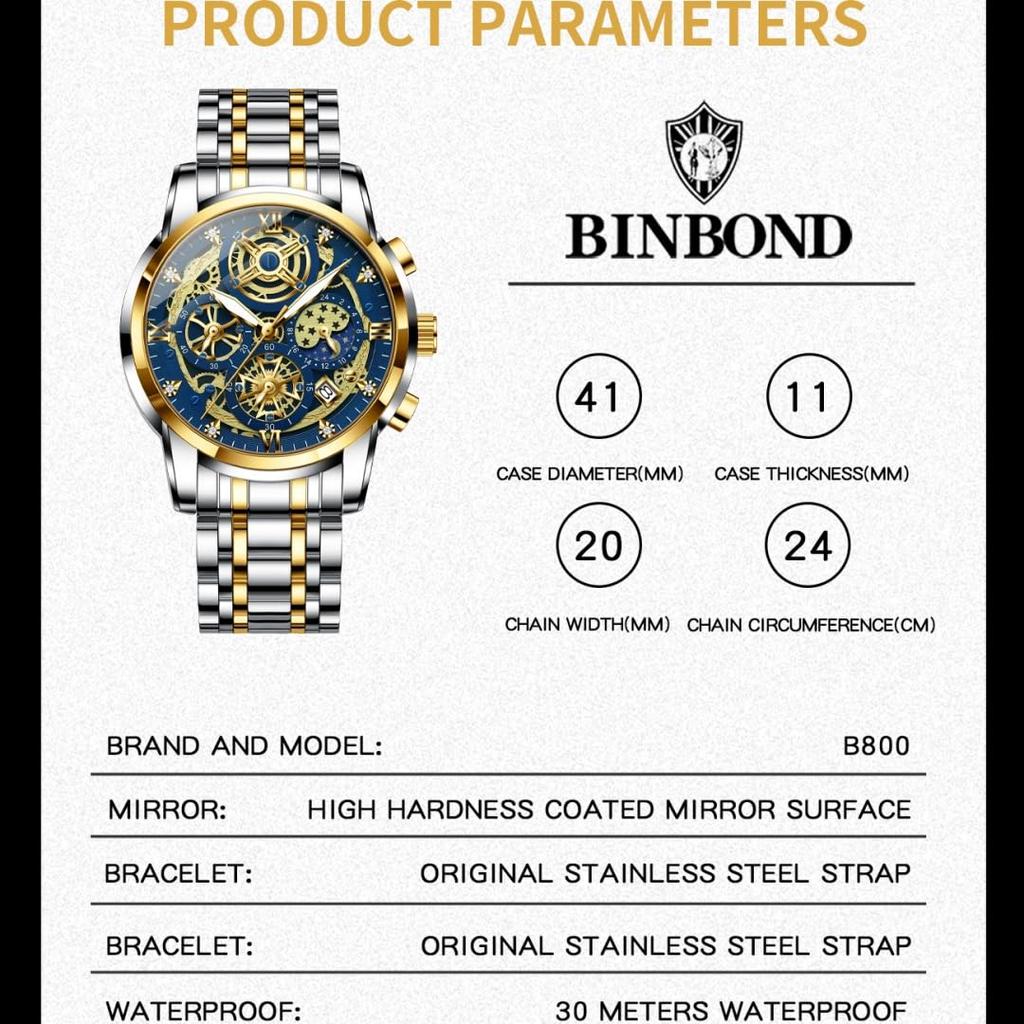 BINBOND Luxury Men's Quartz Watches Stainless Steel Date Chronograph Men Wristwatch Waterproof Luminous Fashion Man Watch