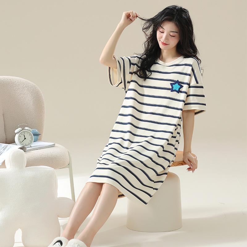 7A Women's Antibacterial Cotton Nightgown, Short Sleeve, Plus Size, Medium Length, Versatile for Outdoor Wear, Sweet Summer Home Dress