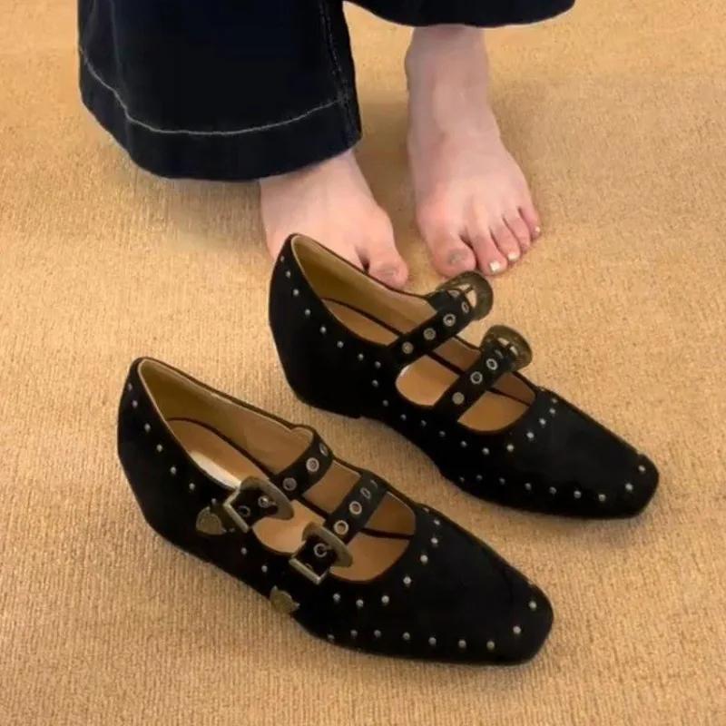 Fashion Niche Inside Heightened Square Toe Suede Mary Jane Shoes Women's Studded Shoes