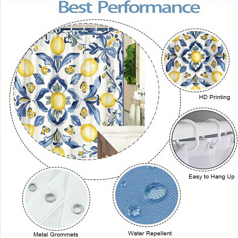 1 ks Sprchový závěs Citron & Modré listí - Středomořská akvarelová malba, Krémové pozadí, 70,8x70,8", Polyester, Snadno se čistí