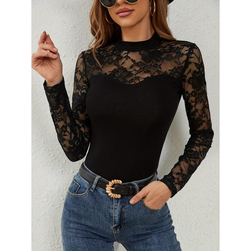 New Autumn and Winter Fashion Lace Patchwork Long Sleeved Small Stand Collar Pullover Base T-shirt Top for Women