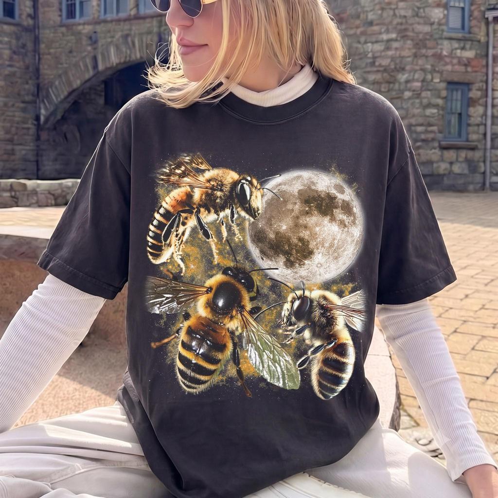 Vintage Honey Bee Full Moon T-Shirt, Celestial Insect Nature Tee