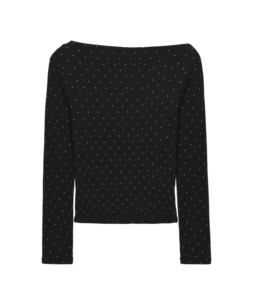 Nigaennikol Dot Shirring Drape Boat Neck Top_Black