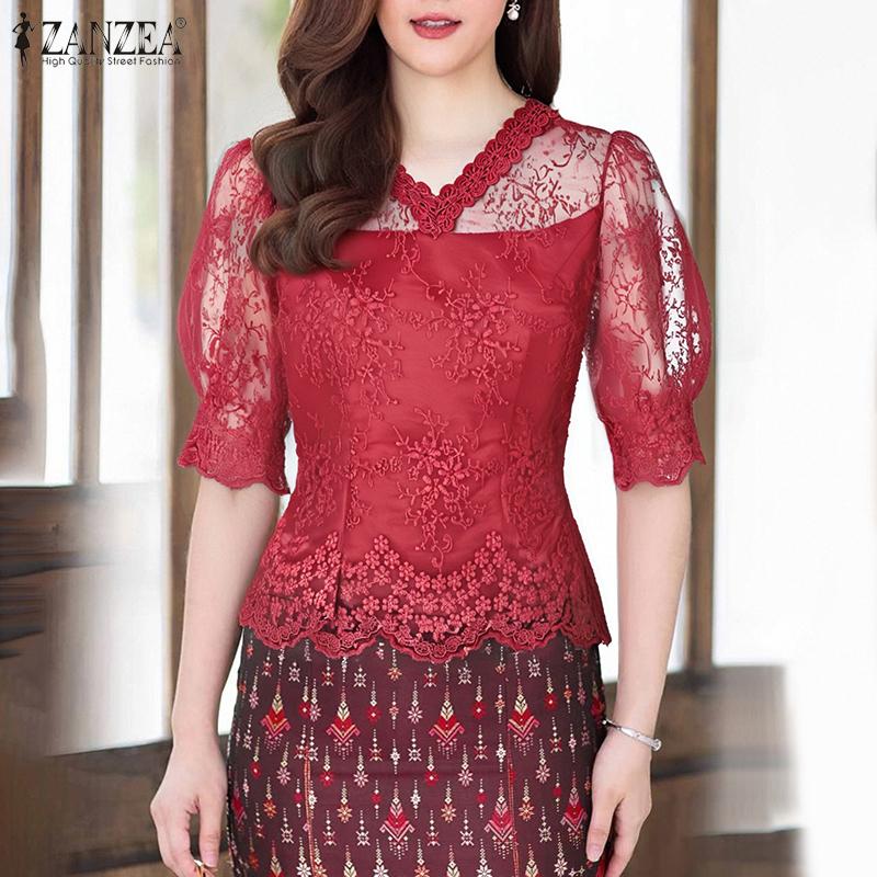 

ZANZEA Womens Summer Casual Lace Patchwork Half Sleeve Blouse 4XL хакі