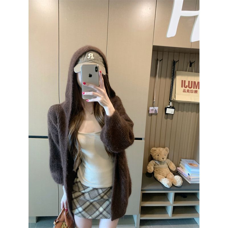 Kumikumi Idle Style Brown Knitting Cardigan Sweaters Women's Clothing Fall Easiest for Match Loose Slim-Fit Casual Shirt