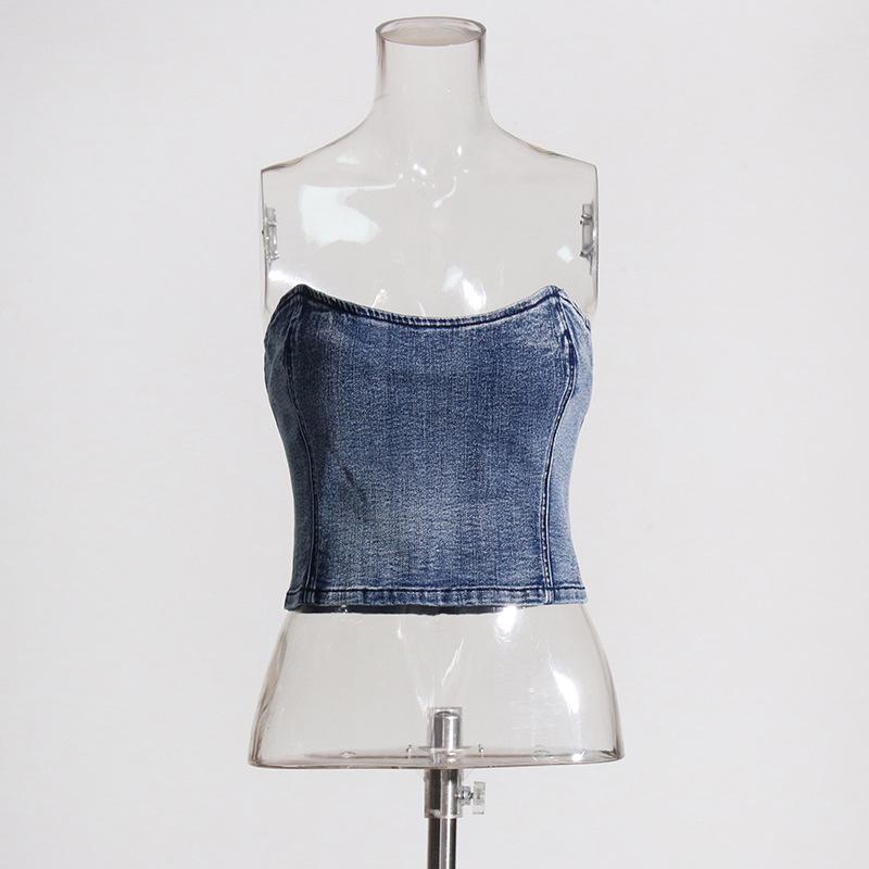 Spring 2025 European & American Sexy Washed Denim Zipper Tube Top