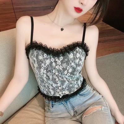 Sommer Damen Spitzen-Camisole mit Rüschenbesatz Perlenverziert Spaghettiträger Crop-Camisole