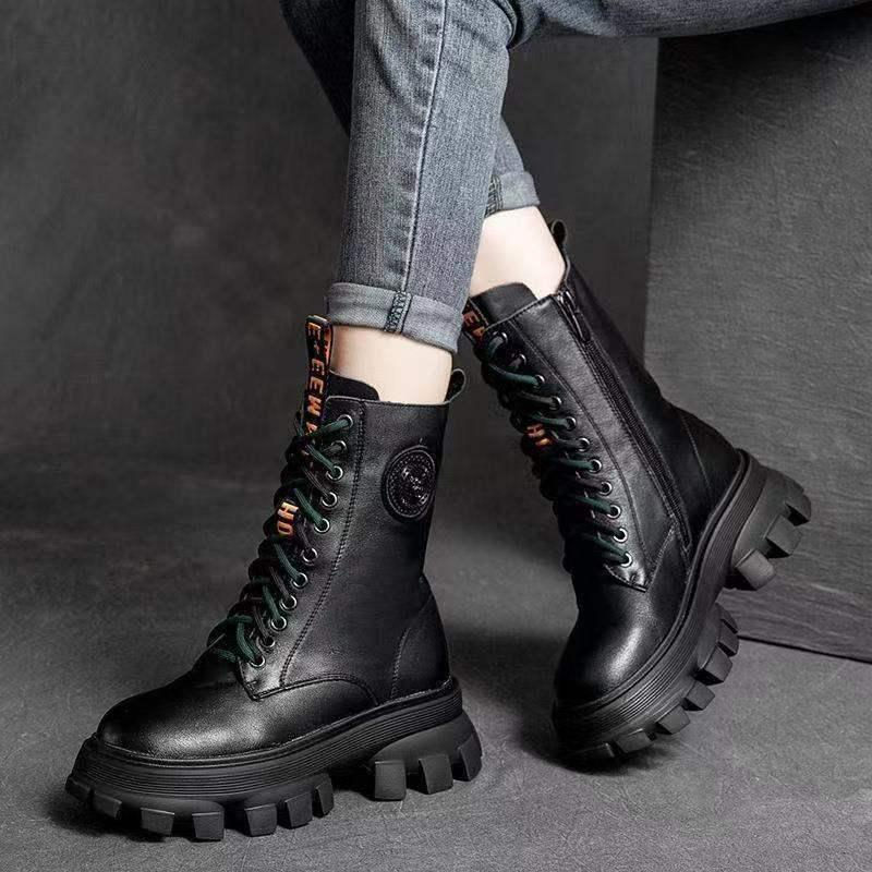 2025 Mid-Calf Soft Leather Chunky Heel Retro Chelsea Boots with Non-Slip Sole