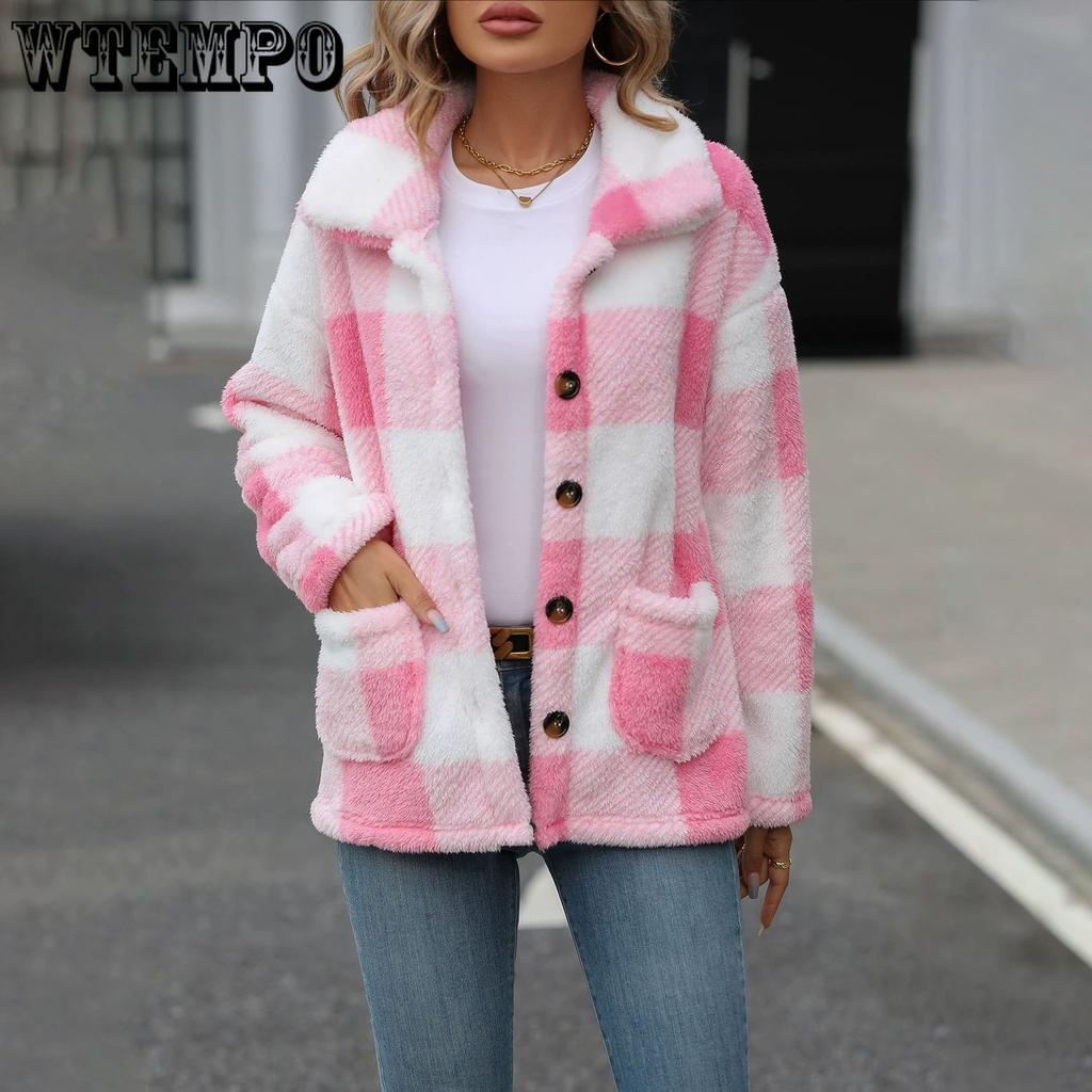 Fall and winter women's lapel long-sleeved medium-length plaid single-breasted double-sided velvet casual jacket