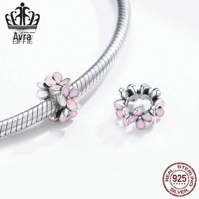 Sterling Silver Pink Four-Leaf Flower Beaded Bracelet Spacer Jewelry