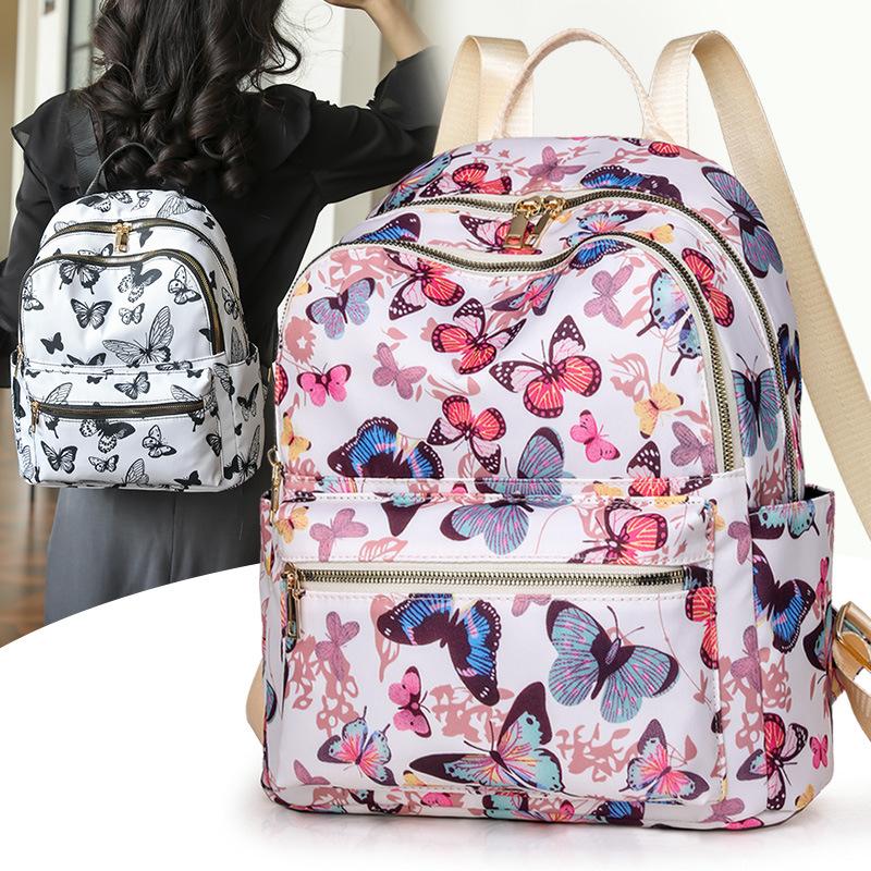 Fashion Sweet Cherry Butterfly Backpack Soft Nylon Fabric Women's Shoulder Bag Cute Versatile Teenager Girl School Bag Leisure Outdoor Travel Rucksack
