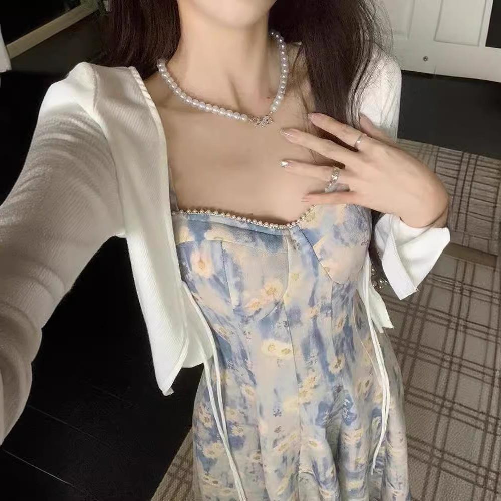 French blue oil painting floral suspender dress female summer 2026 new waist fairy texture long dress