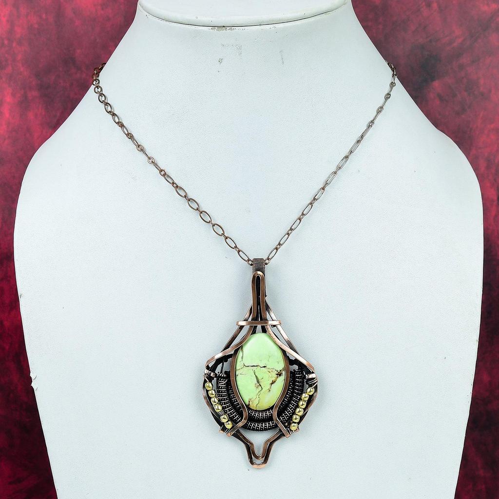 Lemon Chrysoprase Pendant Natural Gemstone Pendant Copper Wire Wrapped Jewelry