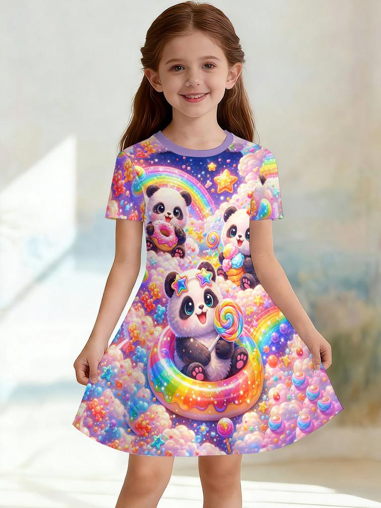 Girls 3D Crew Neck A-line Dress, All-over Print of HAPPYBIRTHDAY Cake Letters, Perfect for Parties and Birthday Gifts.