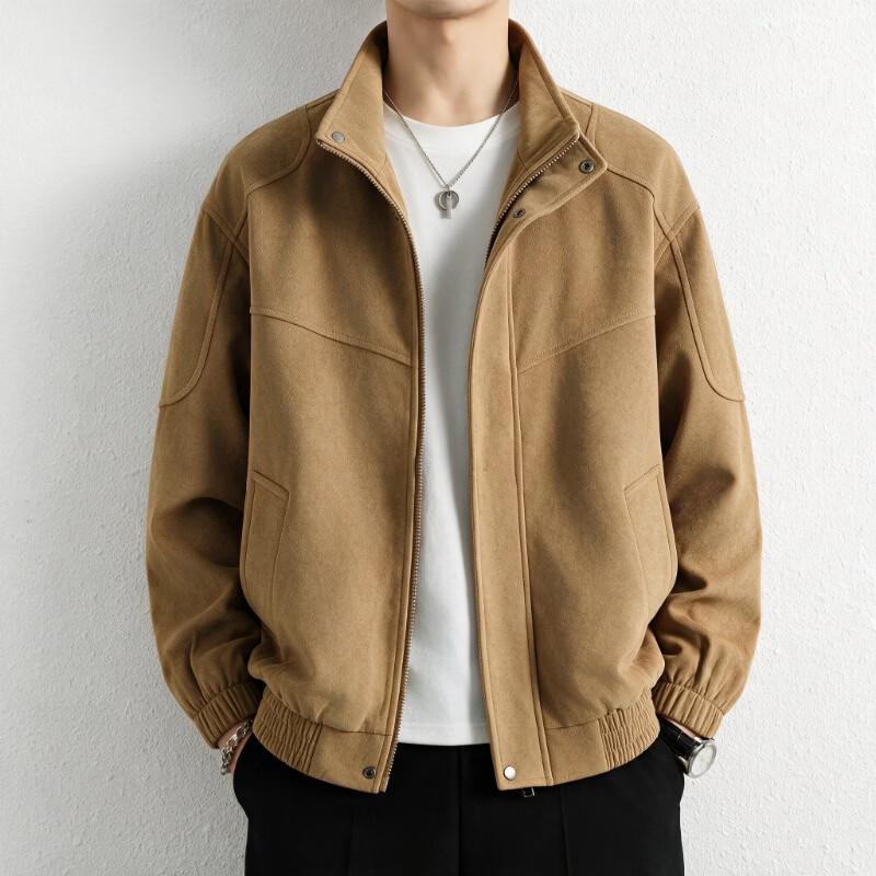 Firstview Men's Stand Collar Suede-Look Multi-Pocket Casual Jacket