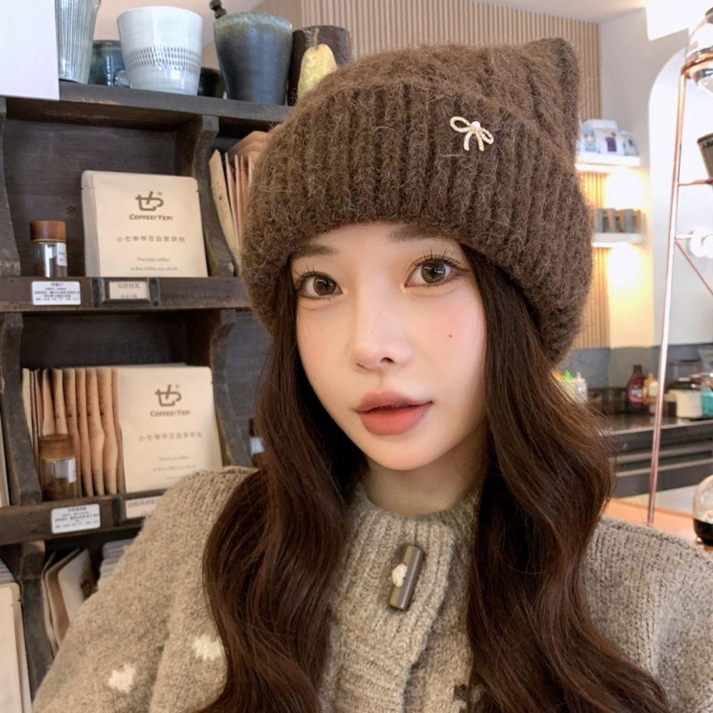 Solid Color Cat Ears Pullover Hat Japanese Style Women Beanie Hat Autumn Winter