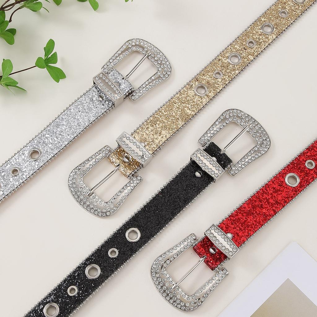 Rhinestones Belt for Women with Beaded Trim Glittering Buckle Hiphop Belt for Jeans Pants Fashion Decorative Waistband