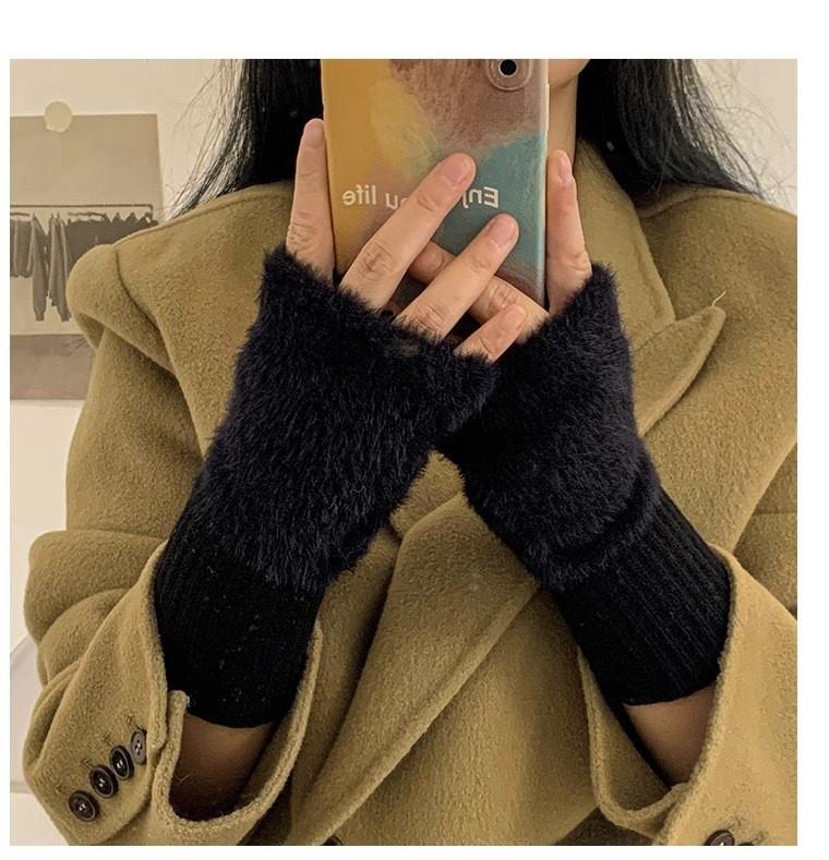 Knitted Half-finger Plush Gloves Warm Women s Fingerless Gloves Soft Winter Half Finger Gloves Touch Screen Open Finger Gloves чёрный
