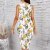 Women Plus Size Crew Neck Sleeveless Midi Dress Bright Ethnic Circular Floral All Over Print Bodycon Dress