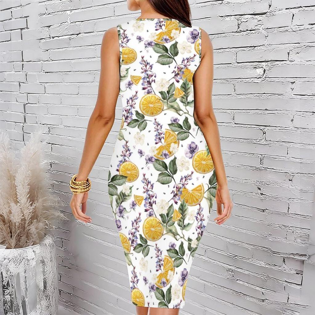 Women Plus Size Crew Neck Sleeveless Midi Dress Bright Ethnic Circular Floral All Over Print Bodycon Dress