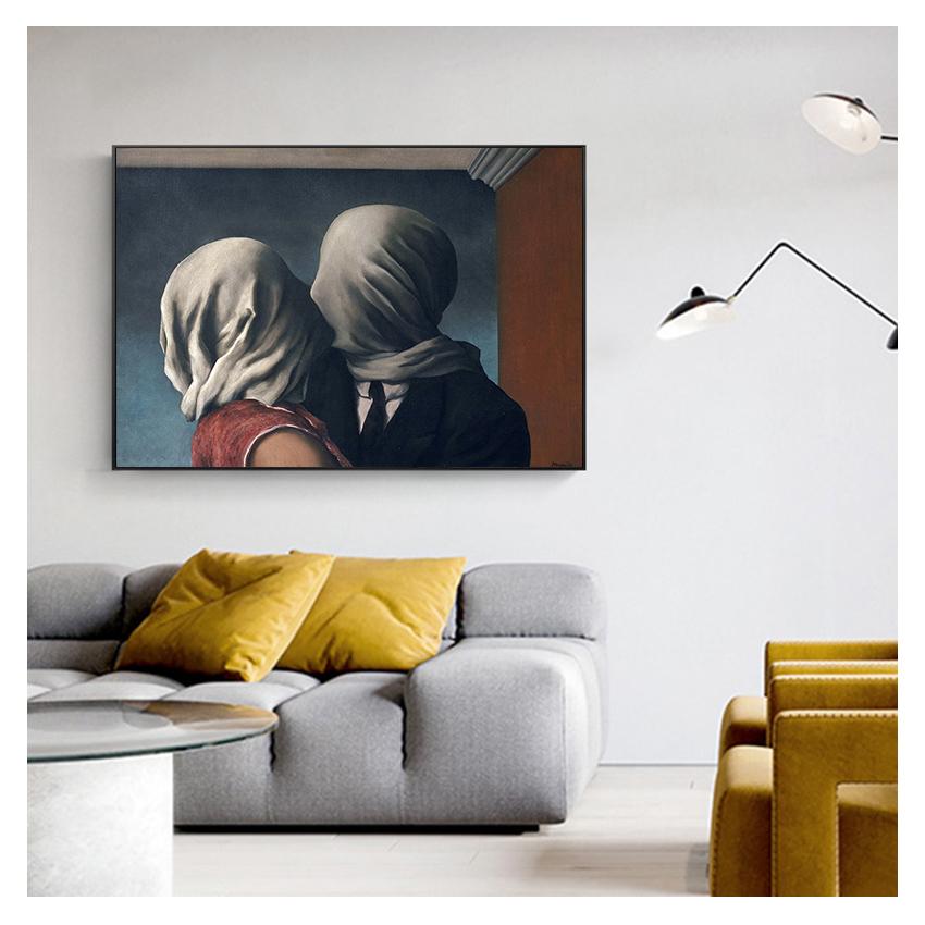 Magritte Leinwandbild Poster und Drucke Surrealismus Wandkunst Bilder für Heimdekoration Berühmtes Der Kuss Liebhaber Von Rene