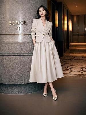 Women's Solid V-neck Blazer & Long Skirt Set