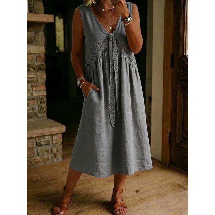 2026 New Women's Solid Color Lace Decorated Sleeveless Dress V-neck Casual Dress